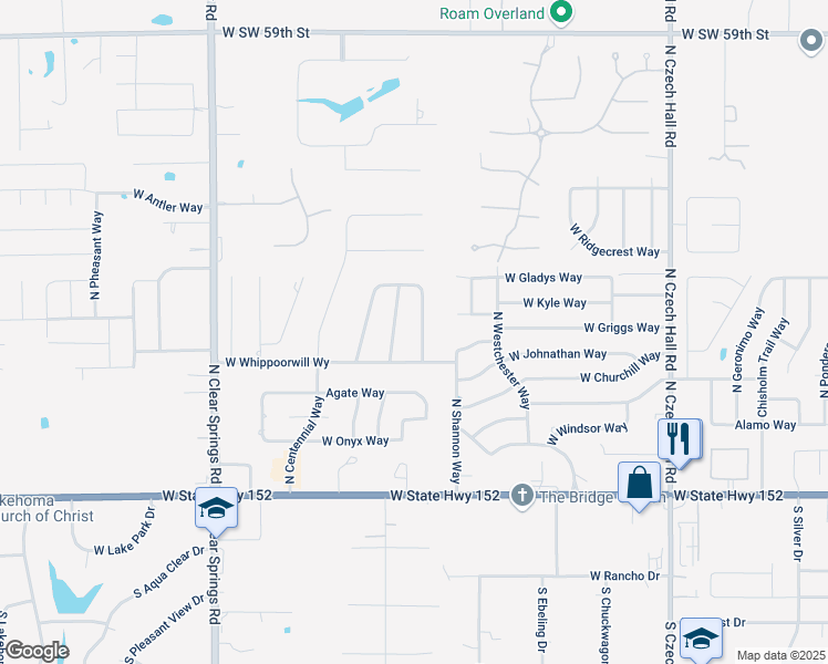 map of restaurants, bars, coffee shops, grocery stores, and more near 591 North Robin Way in Mustang