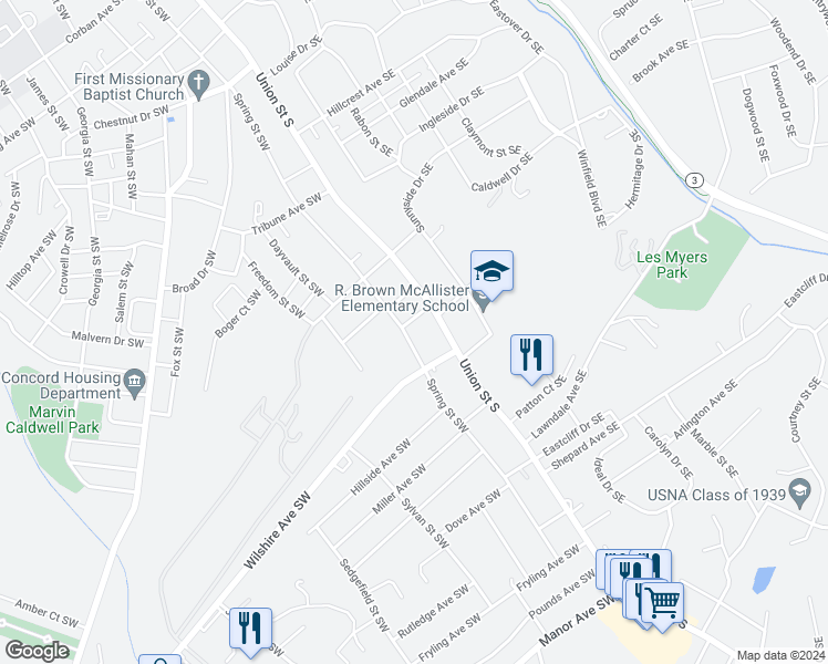 map of restaurants, bars, coffee shops, grocery stores, and more near 511 Spring Street Southwest in Concord