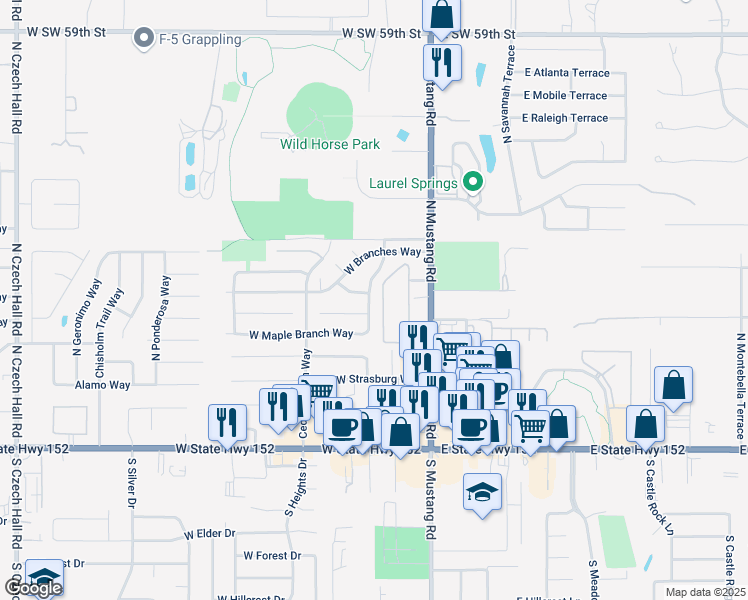 map of restaurants, bars, coffee shops, grocery stores, and more near 610 North Pine Branch Way in Mustang