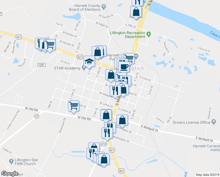 map of restaurants, bars, coffee shops, grocery stores, and more near 1000 South 8th Street in Lillington