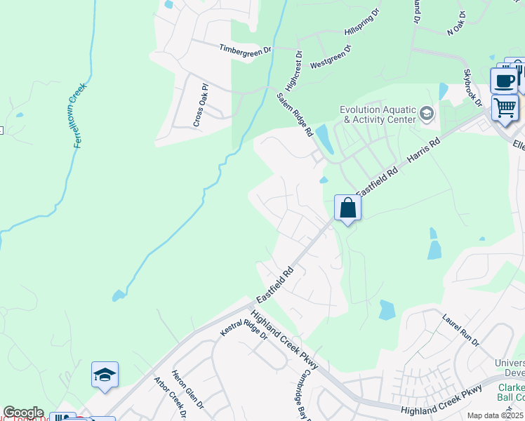 map of restaurants, bars, coffee shops, grocery stores, and more near 14035 Eastfield Road in Huntersville