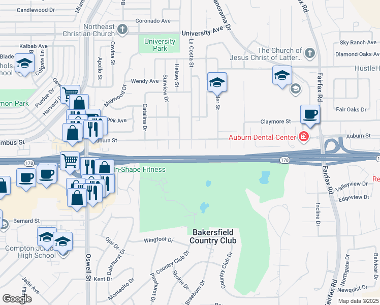 map of restaurants, bars, coffee shops, grocery stores, and more near 2600 La Costa Court in Bakersfield