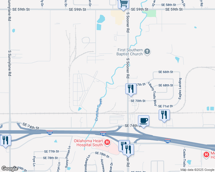 map of restaurants, bars, coffee shops, grocery stores, and more near 7001 South Sooner Road in Oklahoma City