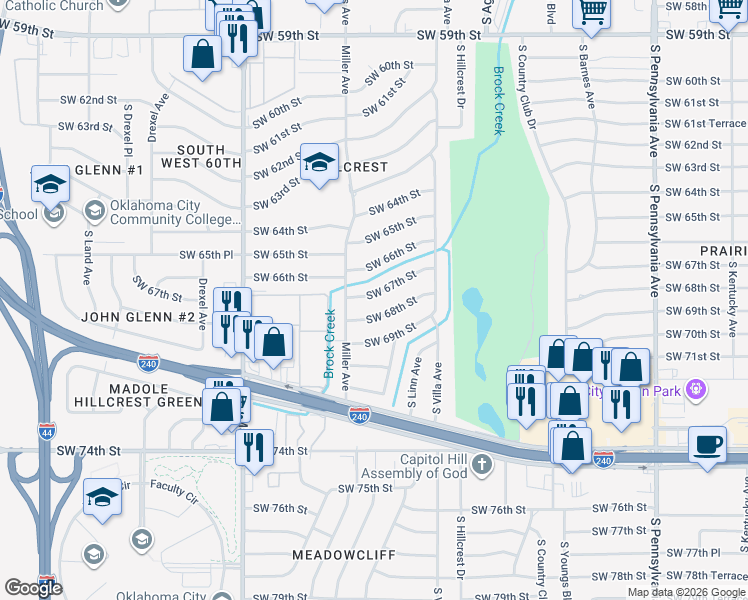 map of restaurants, bars, coffee shops, grocery stores, and more near 2620 Southwest 67th Street in Oklahoma City