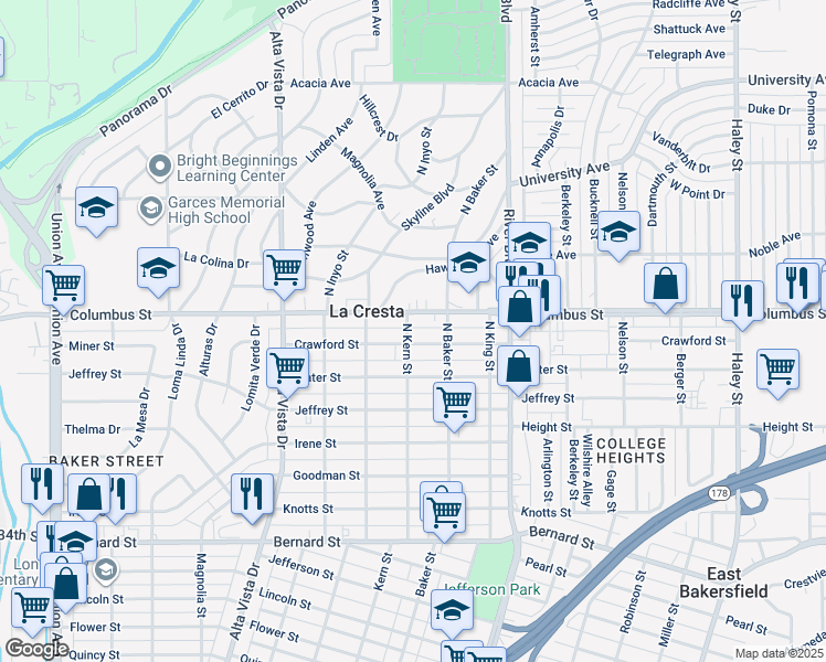map of restaurants, bars, coffee shops, grocery stores, and more near 2605 North Kern Street in Bakersfield