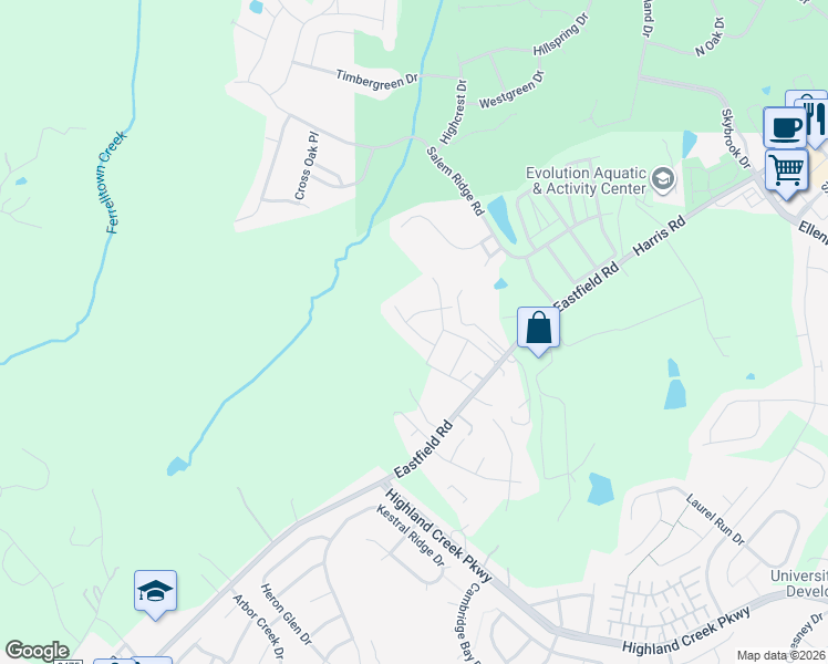 map of restaurants, bars, coffee shops, grocery stores, and more near 14035 Eastfield Road in Huntersville