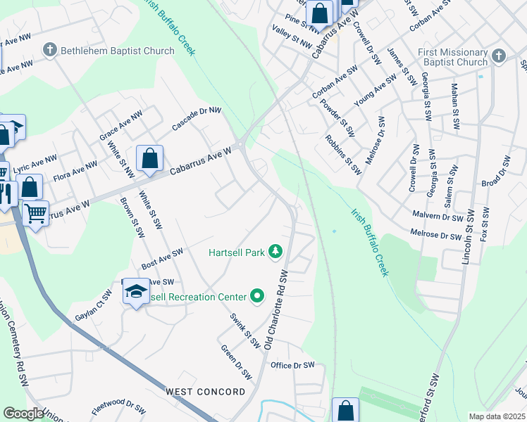 map of restaurants, bars, coffee shops, grocery stores, and more near 16 Sunderland Road Southwest in Concord