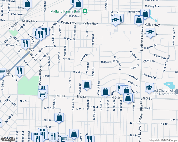 map of restaurants, bars, coffee shops, grocery stores, and more near 1914 North 34th Street in Fort Smith