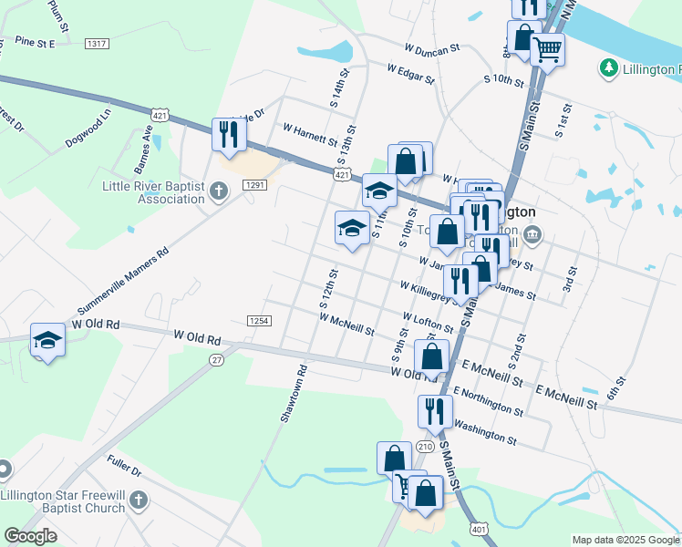 map of restaurants, bars, coffee shops, grocery stores, and more near 411 W Killiegrey St in Lillington
