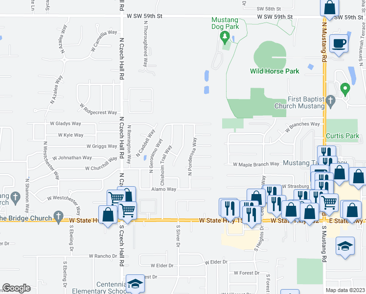 map of restaurants, bars, coffee shops, grocery stores, and more near 608 North Cherokee Way in Mustang