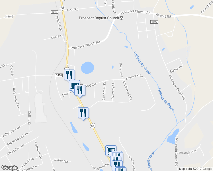 map of restaurants, bars, coffee shops, grocery stores, and more near 2228 Goodman Drive in Albemarle