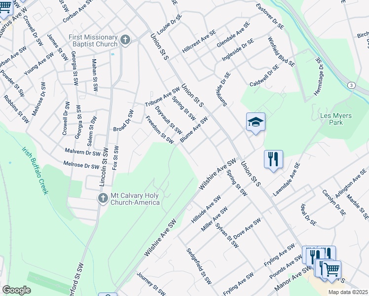 map of restaurants, bars, coffee shops, grocery stores, and more near Dresden Street Southwest in Concord