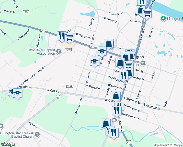 map of restaurants, bars, coffee shops, grocery stores, and more near 411 West Killiegrey Street in Lillington