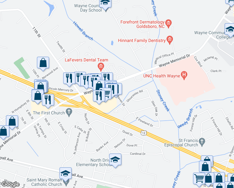 map of restaurants, bars, coffee shops, grocery stores, and more near 101 East Lockhaven Drive in Goldsboro