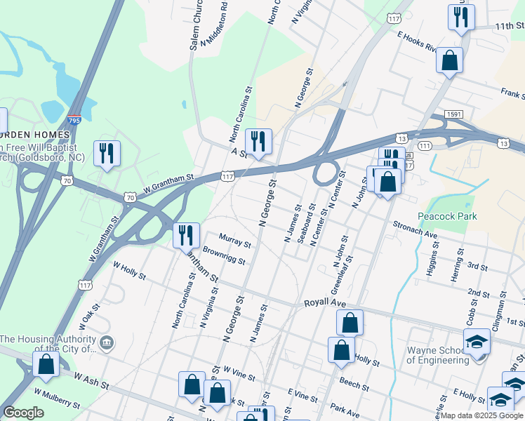 map of restaurants, bars, coffee shops, grocery stores, and more near 1107 North George Street in Goldsboro