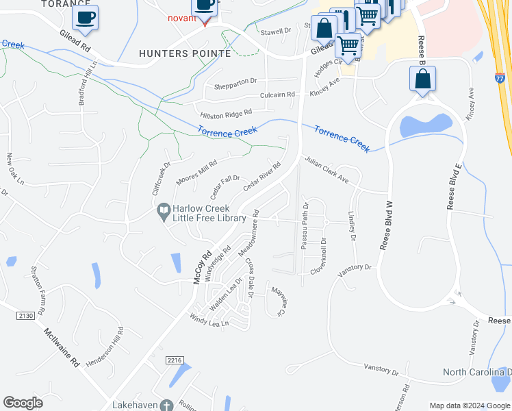 map of restaurants, bars, coffee shops, grocery stores, and more near 13341 Meadowmere Road in Huntersville