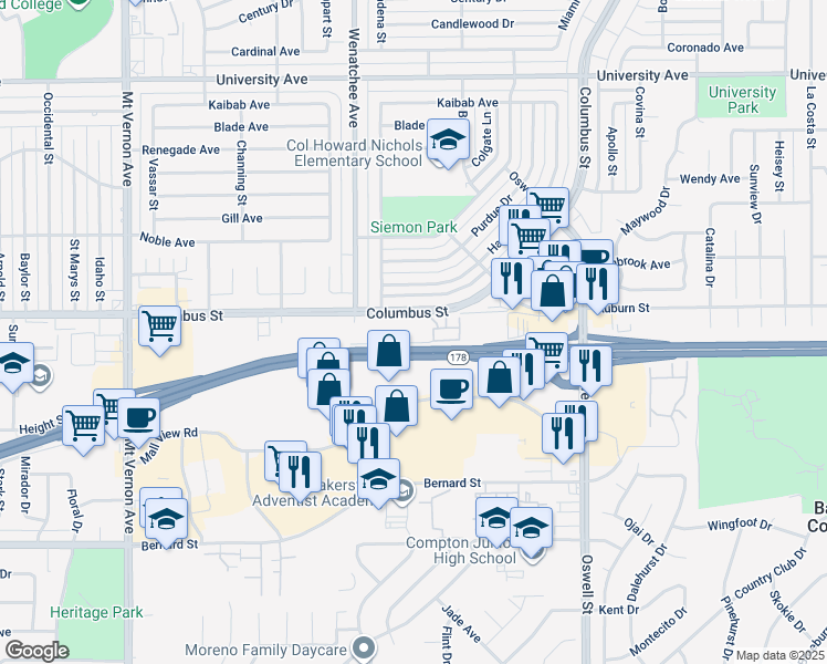 map of restaurants, bars, coffee shops, grocery stores, and more near 3201 Columbus Street in Bakersfield