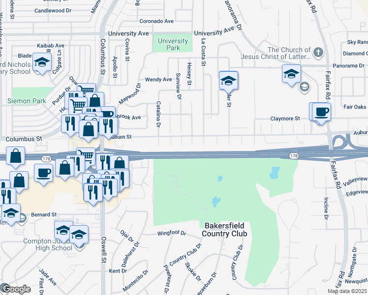 map of restaurants, bars, coffee shops, grocery stores, and more near 2605 Loch Ness Court in Bakersfield