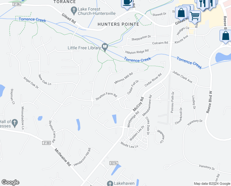 map of restaurants, bars, coffee shops, grocery stores, and more near 12500 Moores Mill Road in Huntersville