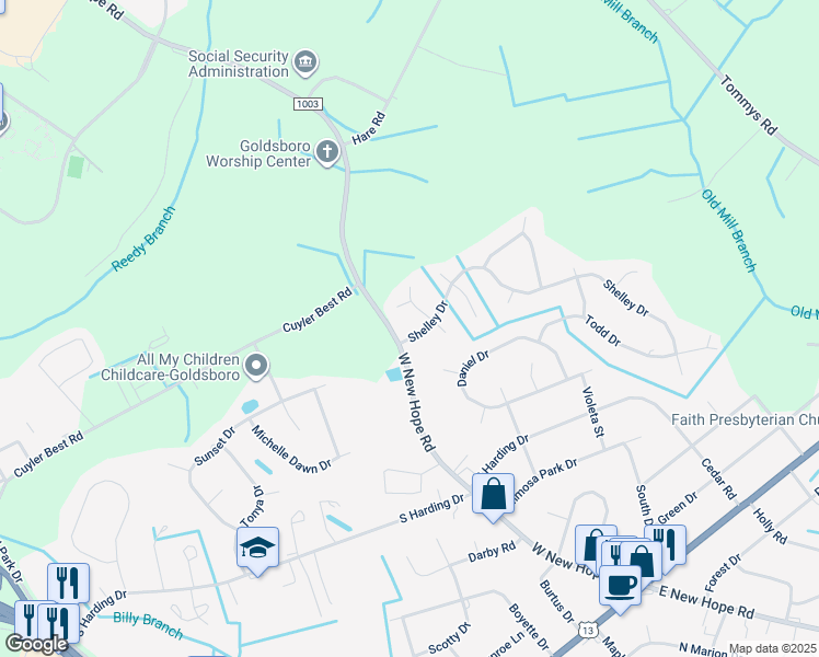 map of restaurants, bars, coffee shops, grocery stores, and more near 1104 Shelley Drive in Goldsboro
