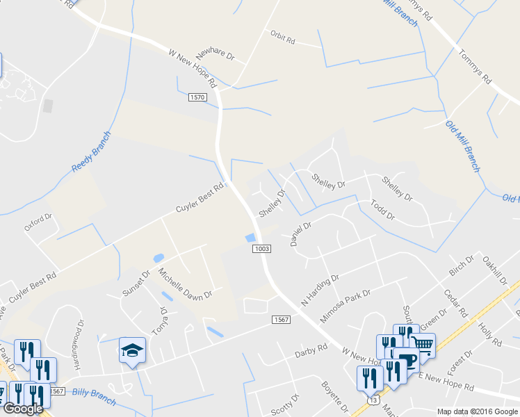 map of restaurants, bars, coffee shops, grocery stores, and more near 1104 Shelley Drive in Goldsboro