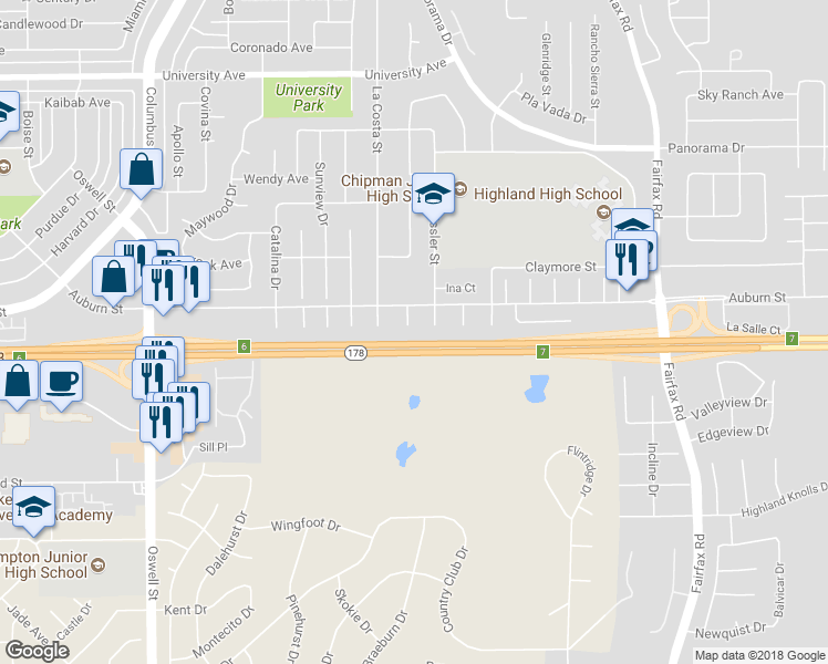 map of restaurants, bars, coffee shops, grocery stores, and more near 2605 Kilcarey Court in Bakersfield