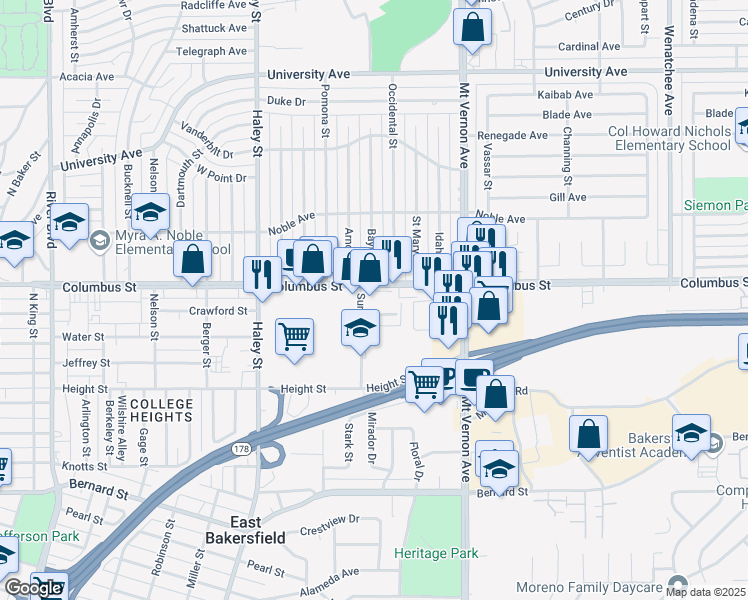 map of restaurants, bars, coffee shops, grocery stores, and more near 1919 Columbus Street in Bakersfield