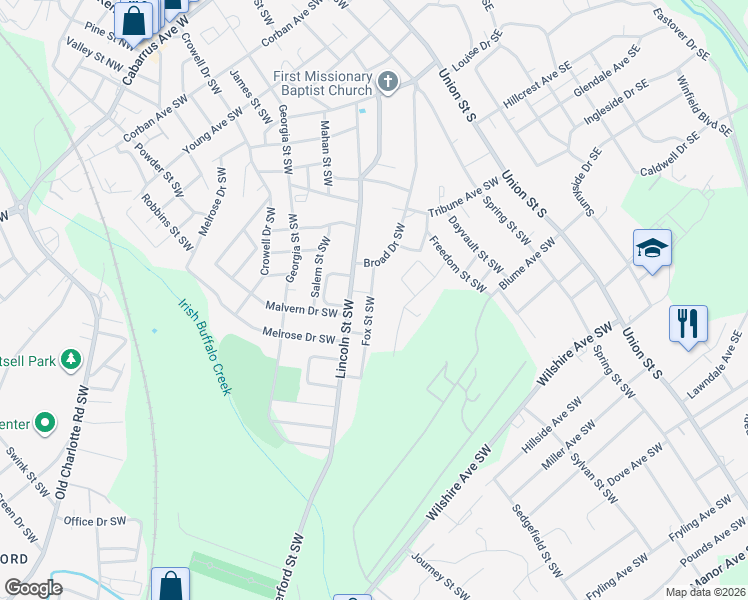 map of restaurants, bars, coffee shops, grocery stores, and more near 339 Fox Street Southwest in Concord
