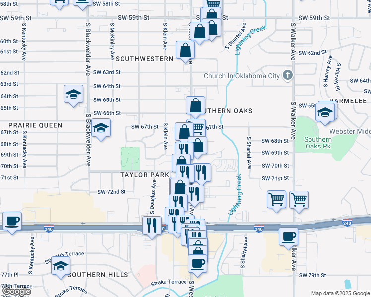 map of restaurants, bars, coffee shops, grocery stores, and more near 6900 South Western Avenue in Oklahoma City
