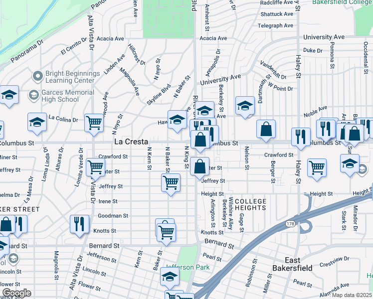 map of restaurants, bars, coffee shops, grocery stores, and more near 2614 North King Street in Bakersfield