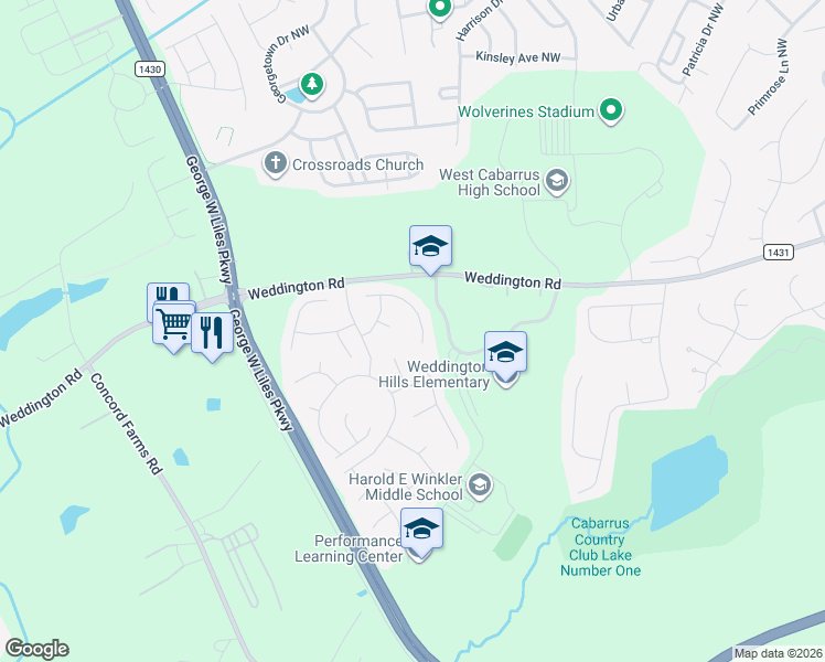 map of restaurants, bars, coffee shops, grocery stores, and more near 1252 Boyden Place Northwest in Concord