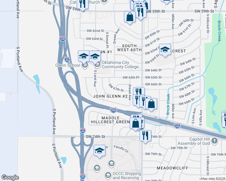 map of restaurants, bars, coffee shops, grocery stores, and more near 3032 Southwest 67th Street in Oklahoma City