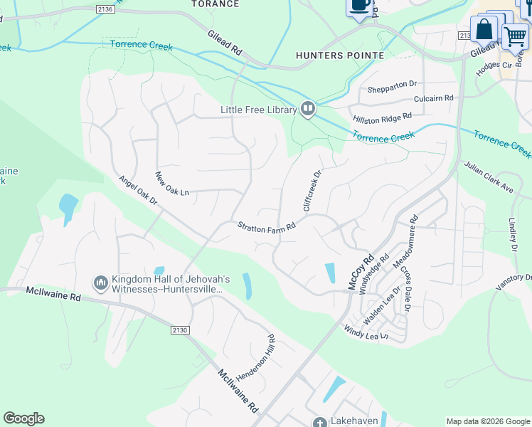 map of restaurants, bars, coffee shops, grocery stores, and more near 9024 Willow Trace Court in Huntersville