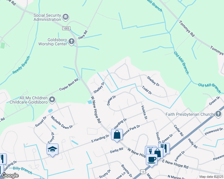 map of restaurants, bars, coffee shops, grocery stores, and more near 800 South Baines Place in Goldsboro