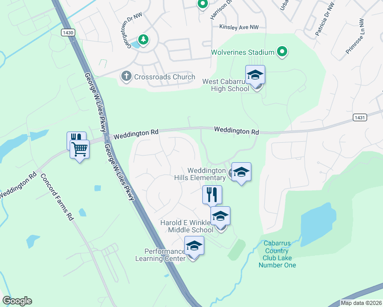 map of restaurants, bars, coffee shops, grocery stores, and more near 1252 Boyden Place Northwest in Concord