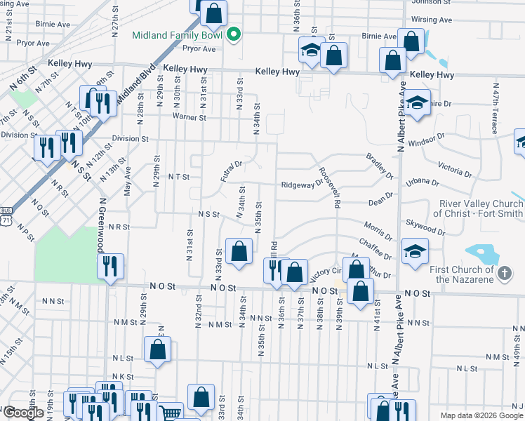 map of restaurants, bars, coffee shops, grocery stores, and more near 1918 North 35th Street in Fort Smith
