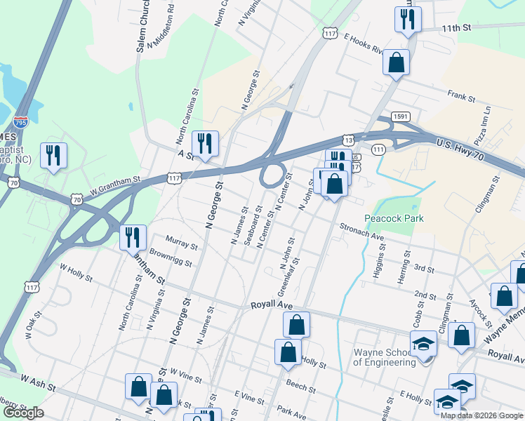 map of restaurants, bars, coffee shops, grocery stores, and more near 153-199 W Swan St in Goldsboro