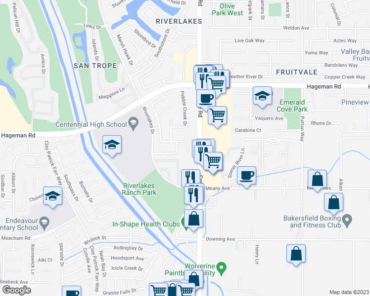 map of restaurants, bars, coffee shops, grocery stores, and more near 4111 Falcon Grove Court in Bakersfield