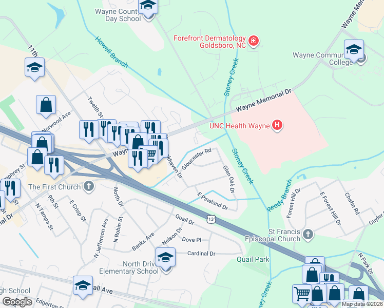 map of restaurants, bars, coffee shops, grocery stores, and more near 609 Gloucester Road in Goldsboro