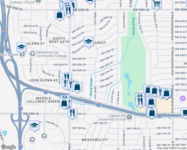 map of restaurants, bars, coffee shops, grocery stores, and more near 6713 Miller Avenue in Oklahoma City