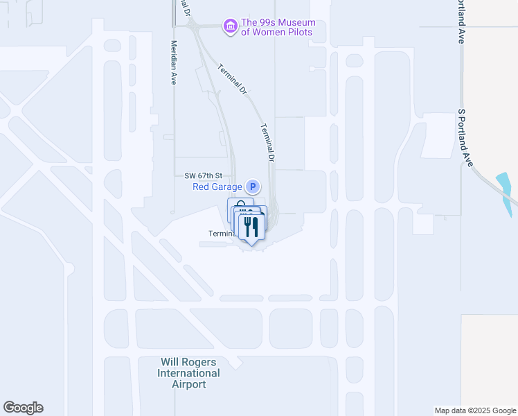 map of restaurants, bars, coffee shops, grocery stores, and more near 7100 Terminal Drive in Oklahoma City