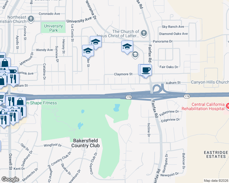 map of restaurants, bars, coffee shops, grocery stores, and more near 5201 Eastridge Court in Bakersfield