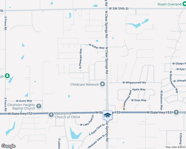 map of restaurants, bars, coffee shops, grocery stores, and more near 613 North White Tail Way in Mustang
