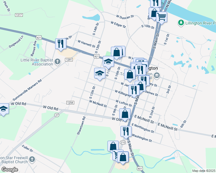 map of restaurants, bars, coffee shops, grocery stores, and more near 306 West Killiegrey Street in Lillington