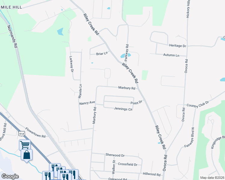 map of restaurants, bars, coffee shops, grocery stores, and more near 708 Marbury Road in Tullahoma