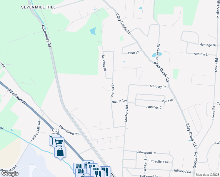map of restaurants, bars, coffee shops, grocery stores, and more near 607 Wanda Lane in Tullahoma
