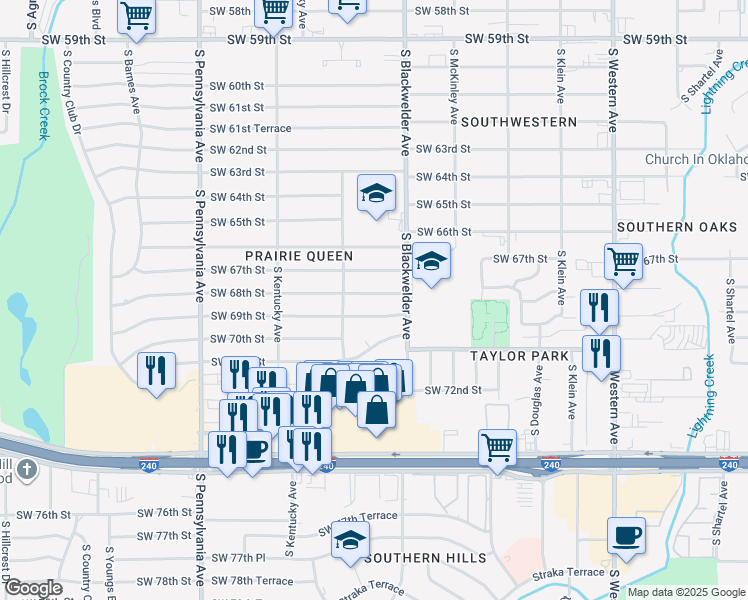 map of restaurants, bars, coffee shops, grocery stores, and more near 1324 Southwest 68th Street in Oklahoma City