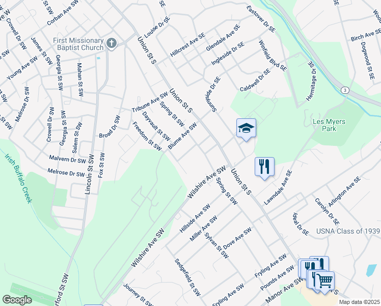 map of restaurants, bars, coffee shops, grocery stores, and more near 59 Myrtle Avenue Southwest in Concord