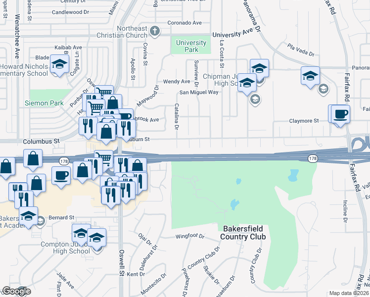 map of restaurants, bars, coffee shops, grocery stores, and more near 2608 Highland Court in Bakersfield