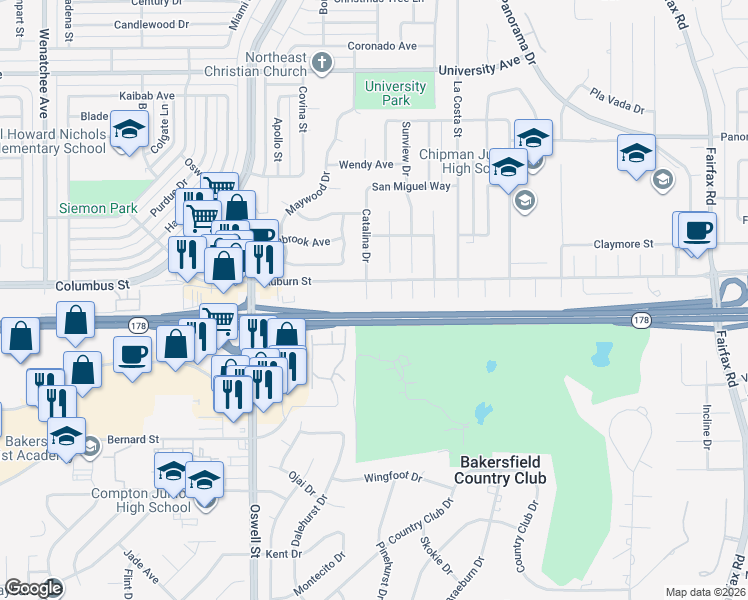 map of restaurants, bars, coffee shops, grocery stores, and more near 2608 Highland Court in Bakersfield